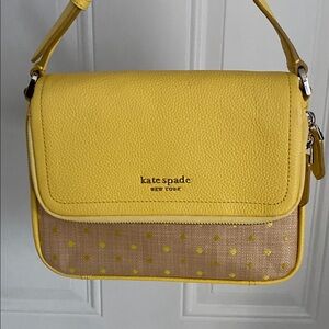 Kate Spade NY Yellow Leather 'Run Around Raffia' Dot Large Flap Crossbody Bag